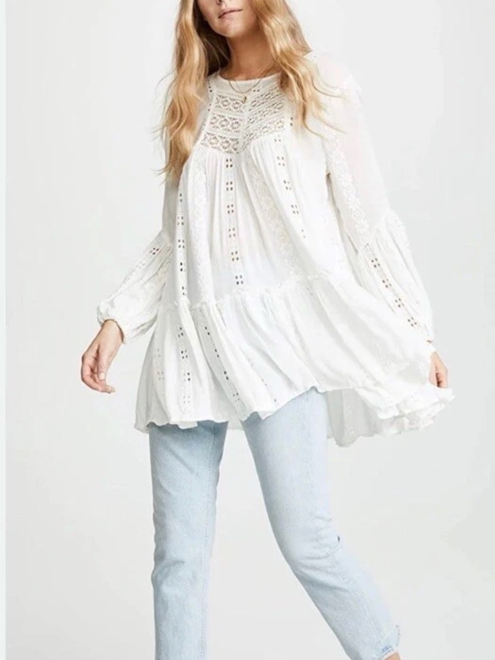 Free People Cream Crochet Floral Tunic Women’s Medium Hippie Flowy Boho Lace